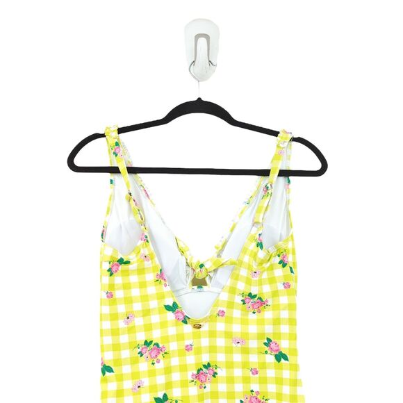 Betsey Johnson Women M Skirted Swimsuit Green White Gingham Plaid Floral 1 Piece - Picture 11 of 11